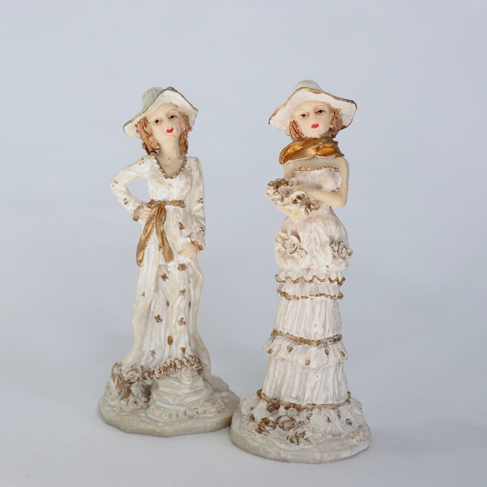Vintage Set/2 Ladies in White & Gold Figurines